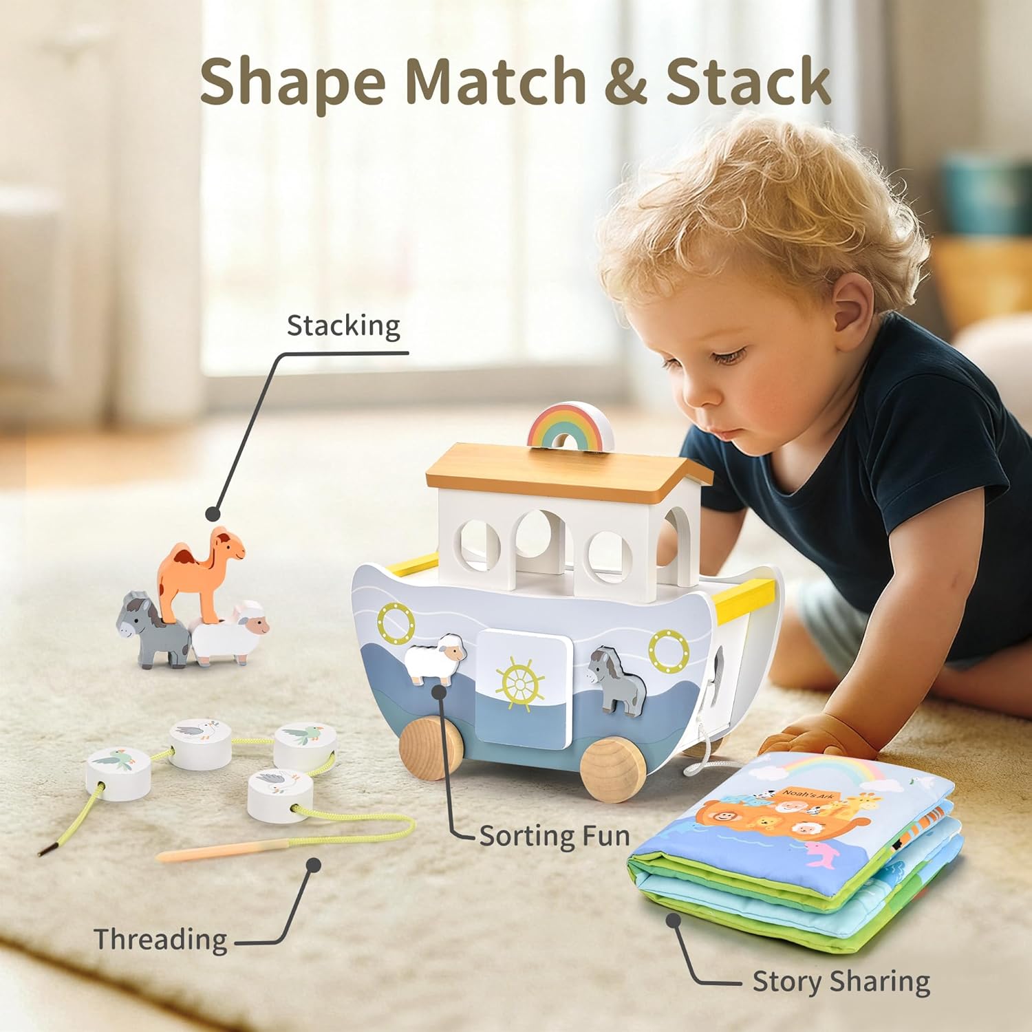 Wooden Noah's Ark Pull Along Toy with Bible Story Cloth Book - Montessori Sorting Set for Toddlers - Religious Baptism Gift for Boys & Girls -Christian Preschool Learning Toy for Kids