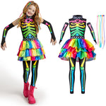 Spooktacular Creations Halloween Kids Skeleton Costume, Funky Punky Bone Colorful Skeleton Deluxe Costume, Halloween Girls Outfit Set with Hair Extensions