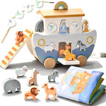 Wooden Noah's Ark Pull Along Toy with Bible Story Cloth Book - Montessori Sorting Set for Toddlers - Religious Baptism Gift for Boys & Girls -Christian Preschool Learning Toy for Kids