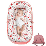 Baby Lounger, Foldable Infant Nest Pillow with Soft Memory Foam Mat, Cover with Adorable Pattern, Converts to Backpack for Easy Travel, 0-12 Months, White