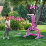 Delta Children Disney Minnie Mouse 4-in-1 Sports Center – Adjustable Easy Score Basketball Hoop, Soccer/Hockey Net and Golf Game, 4 Golf/Hockey Balls, Pink