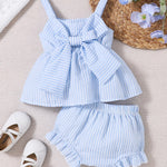AuralBabe 6-12 Months Baby Girl Clothes 1Years Infant Girl Summer Outfits Cute Ruffle Bow Sleeveless Tops Shorts Set Blue Stripe 2Pcs for 9-12 Months Girls Clothes