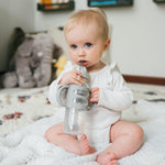 Dr. Brown's Milestones Narrow Sippy Straw Bottle, Spill-Proof with 100% Silicone Handles and Weighted Straw, 8 oz/250 mL, Gray & Blue, 6m+