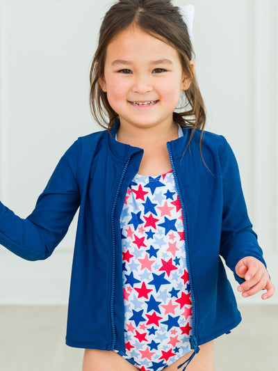 RuffleButts UPF50+ Sun Protective Unisex Long Sleeve Full Zip Rash Guard - Navy, 12-18m