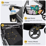 MU Double Stroller, Foldable Twin Tandem Stroller with Adjustable Backrest, Reversible Seat, 5-Point Harness, Storage Basket, Convertible Baby Bassinet for Infant and Toddler, Gray