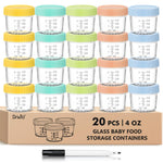 20-piece set of glass baby food storage containers with colored lids on a white background.