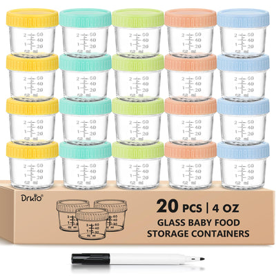 20-piece set of glass baby food storage containers with colored lids on a white background.