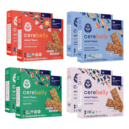 Four boxes of Cerebelly smart bars in different flavors on a white background