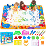 Children playing with a colorful water drawing mat and accessories on a white background.