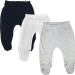 123 Bear Baby Soft Cotton Spandex Pants with Feet (BlWhG 3pk, 0-3 Months)