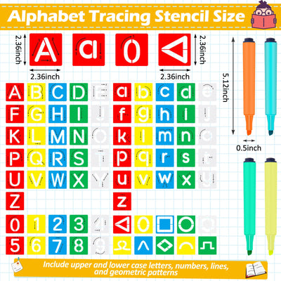 72 Pieces Preschool Letters and Numbers Alphabet Stencils Colorful Double Sided Tracing Board PET Paint Boards for Painting with 4 Pieces Craft Markers Marker Paint Pens Preschool Learning Toys