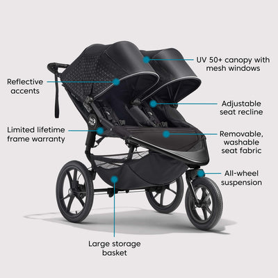 Baby Jogger Summit X3 Double Jogging Stroller, Midnight Black, Buggy for Two, Smooth Ride for Walking or Jogging, Compact Fold, Increased Airflow, All-Terrain Air Filled Tires and All-Wheel Suspension