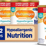 Multiple containers of Nutramigen hypoallergenic formula with packaging details.