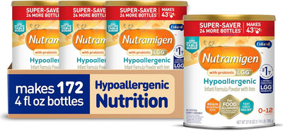 Multiple containers of Nutramigen hypoallergenic formula with packaging details.