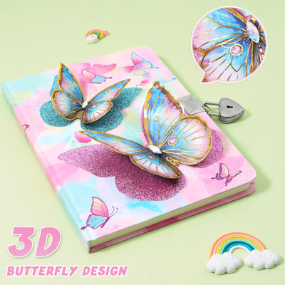 WERNNSAI 3D Butterfly Kids Diary for Girls, Secret Diary with Lock and Keys, Kids Journal Notebook Birthday Christmas Gift for 6 7 8-12 Year Old Girls, School A5 Lined Writing Drawing Notepad