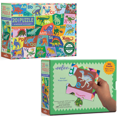 eeBoo: Dinosaur Alphabet - 20 Piece Puzzle - 15x11 Jigsaw, Oversized Pieces, Colorful Dino Illustrations, Educational Pronunciation Guide, Kids 3+