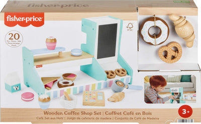 Fisher-Price Wood Pretend Play Coffee Shop & Toy Register, 20-Piece Wooden Food Playset for Preschool Kids Ages 3+ Years