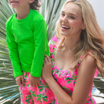 RUGGEDBUTTS Boys UPF50+ Sun Protection Fruits & Florals Swim Trunks - Neon Palm Paradise, 2T