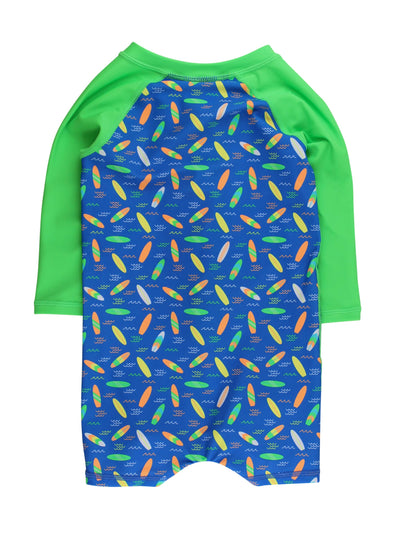 RUGGEDBUTTS Baby/Toddler Boy Swimsuit, One Piece Zipper Rash Guard Sunsuit with UPF 50+ Sun Protection - Neon Surfs Up, 0-3m