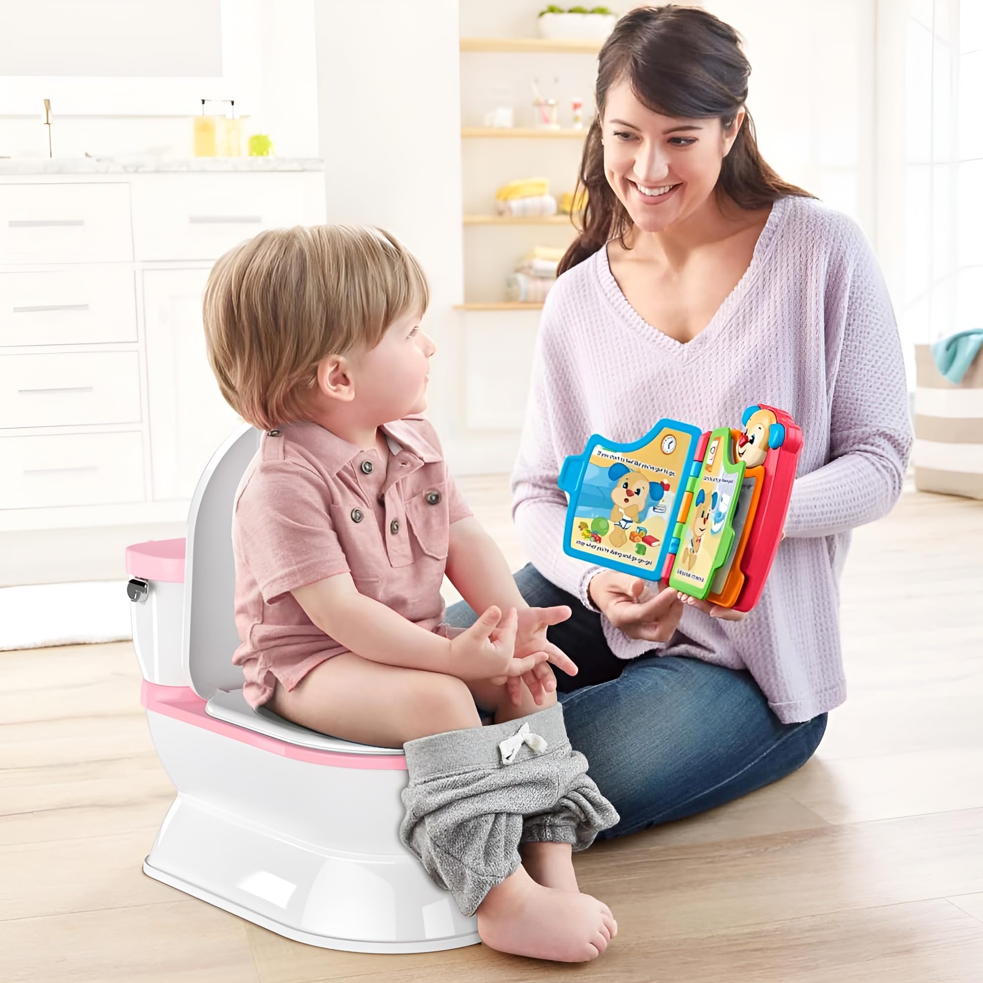 CheerTry 2-in-1 Toddler Potty Training Toilet - Larger Potty Chair & Detachable Training Seat for Boys & Girls Ages 1-3 with Flushing Sound, Wipes Storage, Toilet Paper Holder - Pink