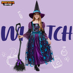 Spooktacular Creations Witch Costume for Girls, Halloween Witch Dress with Broom Hat, Kids Moon Shimmer Costume Set for Wizard Role Play Themed Parties (Medium(8-10 yrs))