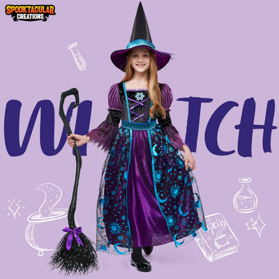 Spooktacular Creations Witch Costume for Girls, Halloween Witch Dress with Broom Hat, Kids Moon Shimmer Costume Set for Wizard Role Play Themed Parties (Medium(8-10 yrs))