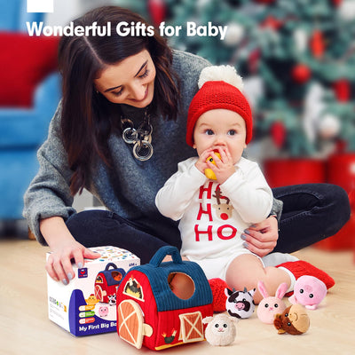 hahaland Baby Toys 6-12 Months - Surprise Barn with Stuffed Farm Animals, Rattle, Crinkle Paper, Mirror - Busy Montessori Toys for Babies, Sensory Toys for Toddlers 1-3 - Baby Stocking Stuffers Gifts