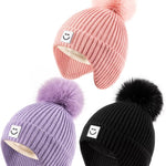 3 Pack Baby Winter Hats with Earflaps, 2 Size Kids Pom Pom Beanie for Infant Toddler Children, Smiley Face Hat for Girls Boys