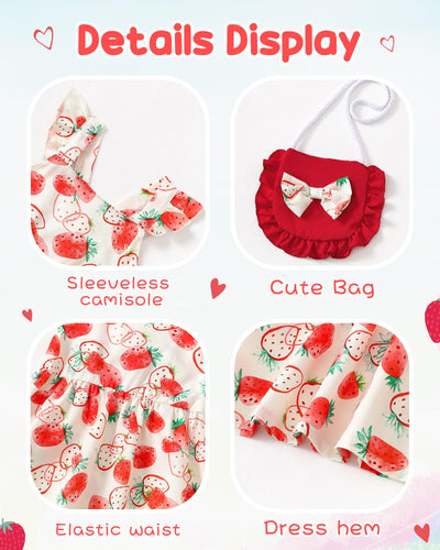 18-24 Months Girl Clothes Baby Girls Dress Infant Summer Outfits Toddler Casual Ruffle Sleeve Strawberry Red Sundress with Cute Red Bag