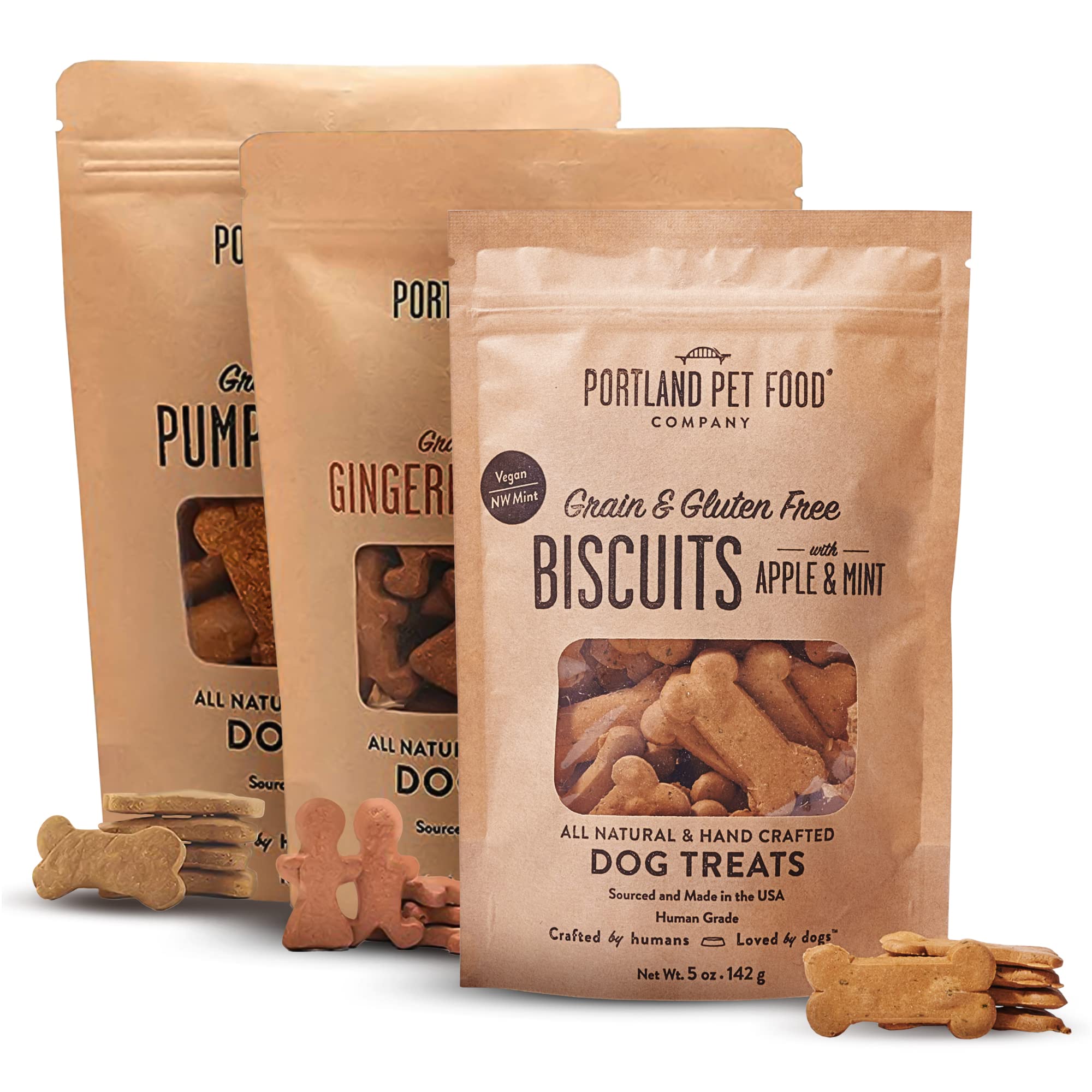 Portland Pet Food Company Healthy Dog Treats Variety 3-Pack - Grain-Free, Human-Grade, Gingerbread, Pumpkin and Bacon Dog Treats Multipack - Natural Dog Training Treats & Biscuits Made in the USA Only