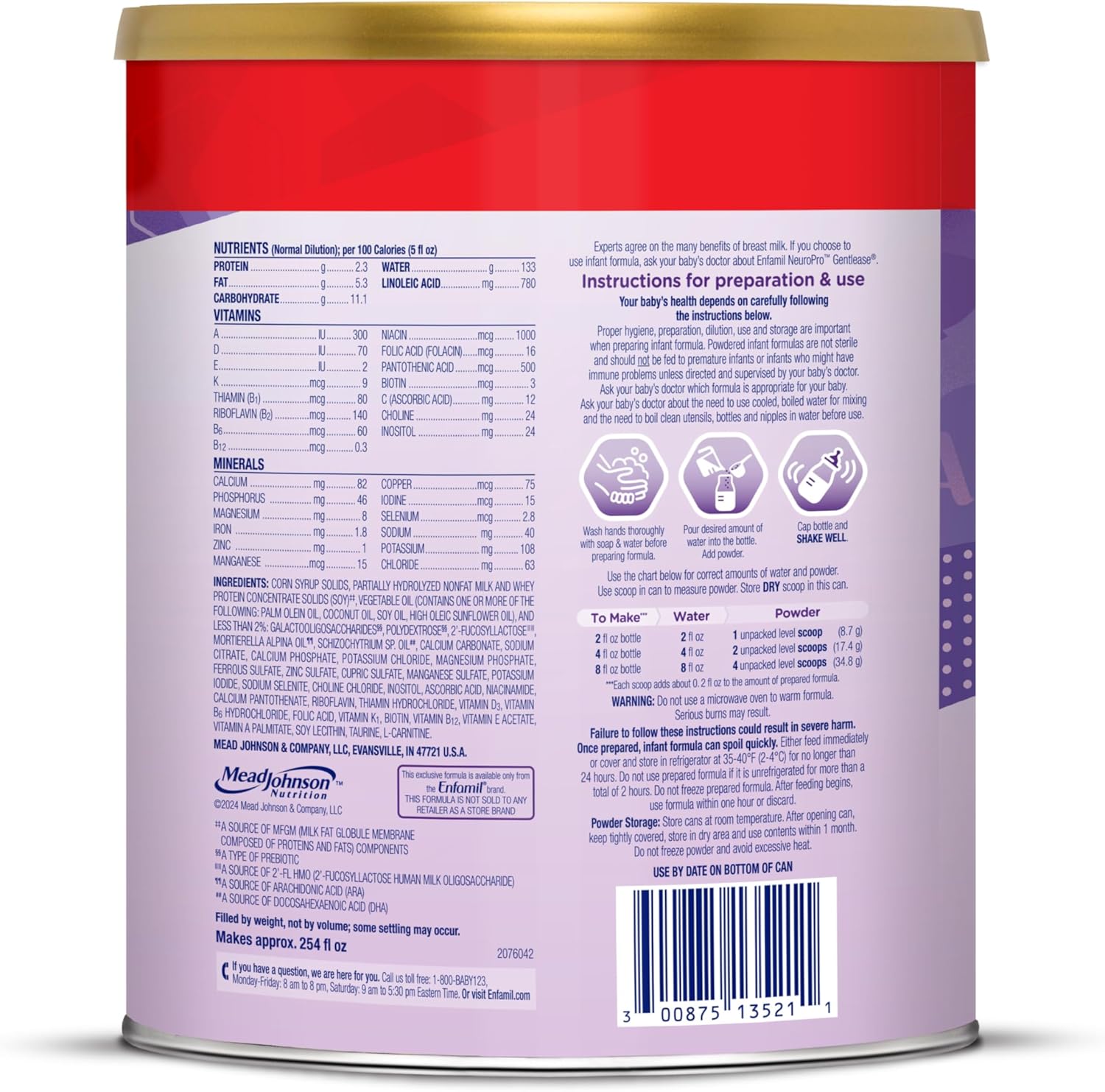 Enfamil NeuroPro Gentlease Baby Formula, Brain Building DHA, HuMO6 Immune Blend, Designed to Reduce Fussiness, Crying, Gas & Spit-up in 24 Hrs, Prebiotics to Promote Softer Stools, Baby Milk, 27.4 Oz