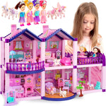 Dollhouse with 4 Princesses, 4 Unicorns, Dog, Furniture and Accessories - Pink and Purple Dream Doll House Toy for Little Girls - 5 Rooms w/Garden, Furniture and Accessories, Gift for Girls Ages 2-7