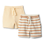 Amazon Essentials x Sofia Grainge Baby Boys' Pull-On Knit French Terry Shorts, Pack of 2, Pale Yellow/Stripe, 3-6 Months