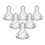 Set of six clear baby bottle nipples with a brand logo on a white background