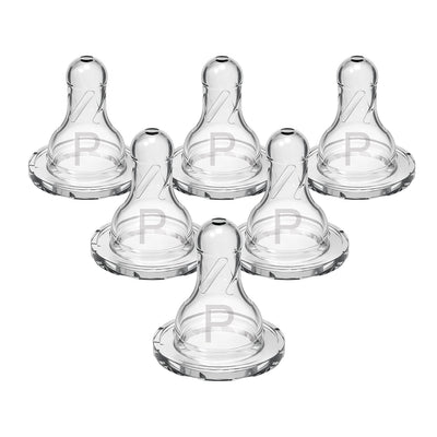 Set of six clear baby bottle nipples with a brand logo on a white background