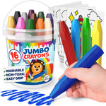 Jumbo Crayons For Toddlers 1-3 - 16pc Toddler Crayons For Kids Ages 4-8 1-3 2-4 - With Printed & PDF Crayon Color Sheets - Non Toxic, Washable, Large & Easy To Grip - Toddler Coloring Art Supplies