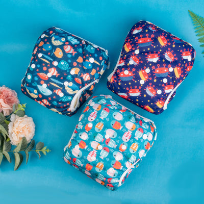 Babygoal Baby Boy Swim Diapers 3 Pack for 0-8 Months Infant, Reusable Adjustable Washable for Swimming Lessons-Crab,Fish,Starfish