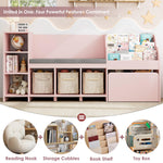HOSTACK 67" Kids Reading Nook with Bench, Kids Bookshelf and Bookcase with Seat Cushion and 6 Storage Cubbies, Toy Storage Box on Wheels, Toy Chest for Playroom, Bedroom, School, Pink