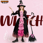 Spooktacular Creations Halloween Fairytale Witch Dress for Kids, Girls Cute Witch Costume Deluxe Set with Broom for Toddler Halloween Role Play Parties, Pink (S 5-7yrs)