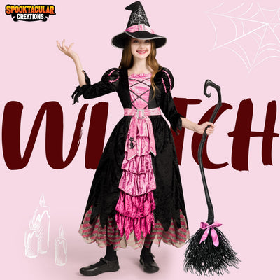 Spooktacular Creations Halloween Fairytale Witch Dress for Kids, Girls Cute Witch Costume Deluxe Set with Broom for Toddler Halloween Role Play Parties, Pink (S 5-7yrs)