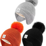 3 Pack Baby Winter Hats with Earflaps, 2 Size Kids Pom Pom Beanie for Infant Toddler Children, Smiley Face Hat for Girls Boys
