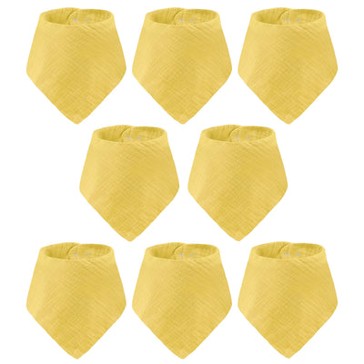 Nine yellow baby bibs arranged in a 3x3 grid on a white background.