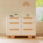Babyletto Yuzu 6-Drawer Dresser with Over 10-Inch Drawer Extension in White and Natural, Greenguard Gold Certified