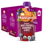 Happy Baby organic baby food package with sweet potatoes, blueberries, and beets on a white background