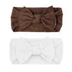 Baby Bling Bows - Newborn to Little Baby Girl Bows, 2PK PRINT SOLID KNOTS Nylon Super Soft Stretchy Toddler Headbands, Perfect Hair Accessories Head Bands for Infant Kids (Brown & White)