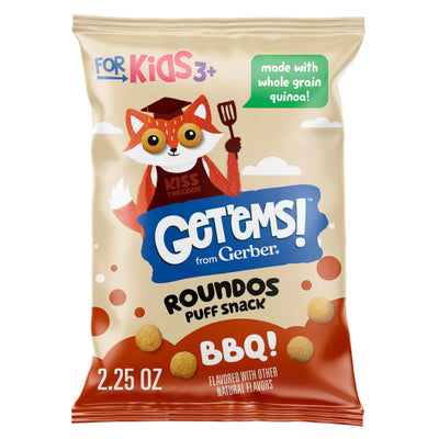 Getems Roundos Puff Snack packaging with a fox character on a beige background