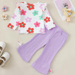 Kucnuzki Baby Girl Kids Clothes Toddler Girl Fall Winter Outfit White Long Sleeve Ruffle Shirt Cute Baby Purple Flare Pants 12-18 Month Girl Clothes For Kids