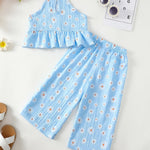 Kucnuzki Baby Girl Outfit 18 24 Months Girl Clothes Summer Toddler Clothes Light Blue Ruffle Shirt Camisole Top with Long Flower Pants Two Piece Baby Outfit