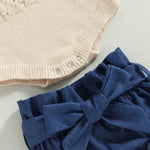 TheFound Toddler Baby Girl Summer Outfit Solid Color Tie-Up Halter Neck Knit Sweater Romper Denim Short Headband 3Pcs Clothes (Blue, 6-12 Months)