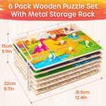 SYNARRY Wooden Puzzles for Toddlers 1-3, 6XSET Puzzles for Toddlers 2-4 with Rack, Learning Alphabet Number Animal Dinosaur Vehicle for Kids, Education Toys for 2 3 Years Boys Girls
